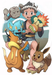 Rule 34 | 1boy, :d, buizel, collarbone, commentary request, creatures (company), cyndaquil, eevee, fire, game freak, gen 1 pokemon, gen 2 pokemon, gen 4 pokemon, geodude, highres, holding, jacket, kabon (b00902061), male focus, nintendo, open mouth, pokemon, pokemon (creature), pokemon legends: arceus, pokemon on arm, rei (pokemon), sash, shinx, short hair, shorts, smile, teeth, toes, tongue, twitter username, upper teeth only