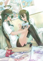 Rule 34 | 2girls, ahoge, artist self-reference, bed, black legwear, blue eyes, book, braid, brown eyes, brown hair, computer, dress shirt, facebook, food, from side, glasses, highres, laptop, long hair, low twintails, multiple girls, open mouth, original, pillow, playing games, pocky, poster (object), shirt, short shorts, shorts, sinlaire, sitting, tablet pc, thighhighs, thighhighs pull, twin braids, twintails, white shirt