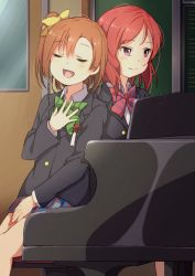 Rule 34 | 10s, 2girls, blazer, boutonniere, bow, bowtie, classroom, closed eyes, commentary request, green bow, green bowtie, hair bow, hand on own chest, highres, instrument, jacket, kosaka honoka, long sleeves, love live!, love live! school idol project, multiple girls, music, nishikino maki, one side up, open mouth, orange hair, piano, playing instrument, playing piano, purple eyes, red bow, red bowtie, red hair, school, shuca ca, singing, sitting, skirt, smile, striped bow, striped bowtie, striped clothes, striped neckwear, yellow bow