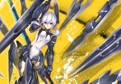 Rule 34 | 1girl, bodysuit, breasts, dual wielding, holding, looking at viewer, mecha musume, mechanical arms, nidy, original, pianousagi, red eyes, mechanical legs, silver hair, single mechanical arm, small breasts, solo, twintails, weapon