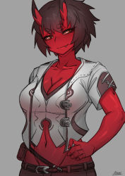 Rule 34 | 1girl, belt, black hair, breasts, brown belt, brown pants, cleavage, colored skin, fang, fang out, grey background, hands on own hips, horns, kidouko (zakusi), large breasts, looking at viewer, midriff, navel, oni, orange eyes, original, pants, red oni, red skin, shirt, short hair, short sleeves, signature, simple background, slit pupils, smile, solo, white shirt, zakusi