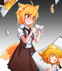 Rule 34 | 1girl, ahoge, animal ear fluff, animal ears, asymmetrical hair, black camisole, black necktie, blonde hair, blush, breasts, brown skirt, brown vest, camisole, cleavage, collared shirt, commentary request, cookie (touhou), drooling, embarrassed, fang, fang out, feet out of frame, fox ears, fox girl, fox tail, gradient background, grey background, half-closed eyes, holding, holding photo, medium hair, miramikaru riran, necktie, open mouth, photo (object), pillow, red eyes, shirt, short sleeves, sidelocks, skirt, small breasts, solo, tail, tearing up, trembling, vest, waking up, white shirt, yan pai