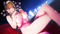 Rule 34 | 1girl, absurdres, areola slip, bare arms, bare shoulders, blush, breasts, brown eyes, brown hair, cityscape, condom, condom in mouth, couch, covered erect nipples, crossed legs, dress, dutch angle, earrings, evening gown, feet out of frame, heart, heart hands, highres, ichijou aika, jewelry, large breasts, long hair, looking at viewer, mouth hold, ogre (illustogre), on couch, original, paid reward available, pink dress, sitting, smile, solo, sweat, thighs, tiara, used condom, very long hair