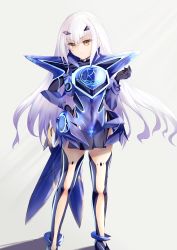 Rule 34 | 1girl, absurdres, armor, armored dress, black gloves, blue armor, blue dress, blue legwear, breastplate, breasts, brown eyes, dress, melusine (fate), melusine (first ascension) (fate), fate/grand order, fate (series), faulds, forked eyebrows, gloves, hand on own hip, highres, long hair, looking at viewer, mask, one heart1201, pauldrons, short dress, shoulder armor, sidelocks, small breasts, solo, thighs, white hair