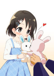 Rule 34 | 1boy, 1girl, black hair, blue dress, blush, brown background, commentary request, covered mouth, dress, frilled shirt, frills, gradient background, grey eyes, hair ornament, hairclip, heart, holding, holding stuffed toy, idolmaster, idolmaster cinderella girls, idolmaster cinderella girls starlight stage, long sleeves, out of frame, parted bangs, pleated dress, producer (idolmaster), rabbit hair ornament, sasaki chie, shirt, sleeveless, sleeveless shirt, stuffed animal, stuffed rabbit, stuffed toy, white background, white shirt, yuuma (skirthike)