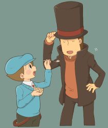Rule 34 | 2boys, black eyes, blue background, blue headwear, blue sweater, blush, brown hair, brown headwear, brown jacket, brown pants, cabbie hat, closed eyes, collared shirt, commentary request, cropped legs, facing viewer, feeding, food, hand on own hip, hand up, hands up, hat, hershel layton, high collar, highres, holding, holding food, holding spoon, jacket, kiwami (kiwamimuneko), long sleeves, luke triton, male focus, multiple boys, open clothes, open jacket, open mouth, orange sweater, pants, professor layton, shirt, short hair, simple background, smile, spoon, standing, suspenders, suspenders hanging, sweater, top hat, white shirt