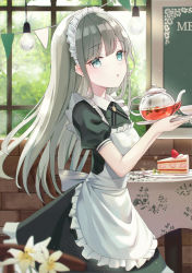 Rule 34 | 1girl, absurdres, apron, black dress, blue eyes, blurry, blurry foreground, breasts, brick wall, cafe, cake, cake slice, commentary request, cup, day, depth of field, dress, flower, food, fork, frilled apron, frills, fruit, grey hair, hands up, has bad revision, has downscaled revision, highres, holding, holding tray, indoors, iren lovel, light bulb, long hair, maid, maid apron, maid headdress, md5 mismatch, original, parted lips, pennant, plate, puffy short sleeves, puffy sleeves, resolution mismatch, revision, short sleeves, small breasts, solo, source smaller, sparkle, strawberry, strawberry shortcake, string of flags, teacup, teapot, transparent, tray, very long hair, white apron, white flower, window