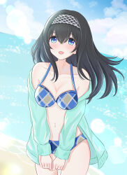 Rule 34 | 1girl, absurdres, aqua jacket, beach, bikini, black hair, blue bikini, blue eyes, blue sky, breasts, cleavage, cloud, commentary, cowboy shot, hairband, hanilz, highres, idolmaster, idolmaster cinderella girls, jacket, long sleeves, looking at viewer, medium breasts, open clothes, open jacket, open mouth, sagisawa fumika, sky, smile, solo, swimsuit, symbol-only commentary, white hairband