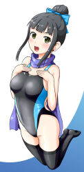 Rule 34 | 1girl, black hair, black one-piece swimsuit, black thighhighs, blue scarf, blunt bangs, commentary request, competition swimsuit, full body, green eyes, hair bun, hamaguchi ayame, haruno yomogi, highres, idolmaster, idolmaster cinderella girls, looking at viewer, multicolored clothes, multicolored swimsuit, one-piece swimsuit, scarf, single hair bun, solo, swimsuit, thighhighs