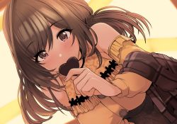 Rule 34 | 1girl, backlighting, bare shoulders, blush, breasts, brown eyes, brown hair, brown skirt, buttons, candy, chocolate, chocolate heart, covering own mouth, food, heart, highres, idolmaster, idolmaster shiny colors, large breasts, leaning forward, long hair, long sleeves, looking at viewer, off-shoulder shirt, off shoulder, shawl, shirt, skirt, solo, swept bangs, tsukioka kogane, upanishi mariko, yellow shirt
