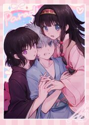 Rule 34 | 3boys, alluka zoldyck, black hair, black kimono, blue kimono, border, brothers, clenched teeth, green eyes, hair between eyes, hairband, heart, highres, holding hands, hunter x hunter, japanese clothes, kalluto zoldyck, kiko, killua zoldyck, kimono, long hair, looking at viewer, male focus, multi-tied hair, multiple boys, obi, one eye closed, open mouth, pink kimono, purple eyes, sash, siblings, sparkle, spiked hair, sweat, teeth, trap, wide sleeves