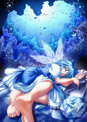 Rule 34 | 1girl, blue hair, blue theme, bow, bubble, cirno, dress, fairy, feet, female focus, fish, forest, frog, frozen, ice, lake, light, nature, ribbon, sleeping, solo, sui, embodiment of scarlet devil, touhou, underwater, wings