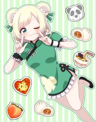 Rule 34 | 1girl, ;), absurdres, baozi, black footwear, blonde hair, blush, breasts, bun cover, china dress, chinese clothes, dooonnosuke, double bun, dress, food, fruit, green background, green eyes, hair bun, heart, highres, index finger raised, indie virtual youtuber, looking at viewer, medium hair, one eye closed, peach, small breasts, smile, solo, standing, standing on one leg, virtual youtuber, watamochi nemi, wrist cuffs