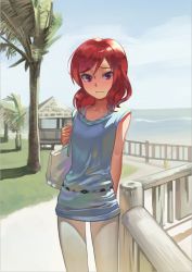 Rule 34 | 10s, 1girl, alternate costume, arms behind back, bad id, bad pixiv id, bag, bare shoulders, blue shirt, blue sky, breasts, day, fence, grass, handbag, looking at viewer, love live!, love live! school idol project, nishikino maki, ocean, outdoors, palm tree, photo-referenced, purple eyes, red eyes, red hair, sand, shirt, short hair, sky, sleeveless, sleeveless shirt, small breasts, solo, tree, upper body, war child, zhanzheng zi