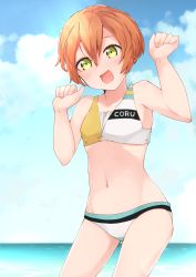 Rule 34 | 1girl, :d, bare arms, bare shoulders, bikini, blue sky, blush, breasts, clothes writing, cloud, collarbone, cowboy shot, day, green eyes, groin, hair between eyes, hands up, highres, hoshizora rin, legs apart, looking at viewer, love live!, love live! school idol festival, love live! school idol project, misoradeko, navel, no nose, ocean, open mouth, orange hair, outdoors, short hair, sky, small breasts, smile, solo, swimsuit, water