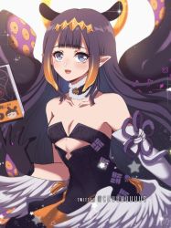 Rule 34 | 1girl, bare shoulders, black dress, black gloves, blue eyes, blunt bangs, blush, book, breasts, collarbone, commentary, commentary request, criis-chan, detached sleeves, dress, fang, feathered wings, floating, floating object, fur choker, gloves, halo, hand up, hololive, hololive english, long hair, looking at viewer, low wings, mole, mole under eye, ninomae ina&#039;nis, ninomae ina&#039;nis (1st costume), open mouth, orange dress, pointy ears, purple hair, purple ribbon, ribbon, small breasts, smile, solo, symbol-only commentary, tentacle hair, tentacles, twitter username, two-tone dress, virtual youtuber, white wings, wings