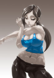 Rule 34 | 1girl, abs, breasts, cleavage, colored skin, contrapposto, covered erect nipples, cowboy shot, female focus, grey background, grey eyes, grey hair, half-closed eyes, large breasts, long hair, midriff, muscular, muscular female, nintendo, pants, ponytail, romehamu, shiny clothes, shiny skin, solo, spandex, standing, stretching, tank top, white skin, wide hips, wii fit, wii fit trainer, wii fit trainer (female)