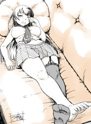 Rule 34 | 10s, 1girl, agano (kancolle), barefoot, black hair, breasts, couch, drooling, covered erect nipples, feet, garter straps, kantai collection, large breasts, crossed legs, long hair, lying, minazuki tsuyuha, miniskirt, monochrome, on back, rubbing eyes, single thighhigh, skirt, sleepy, solo, thighhighs, toes, waking up