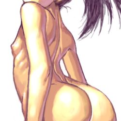 Rule 34 | 1girl, ass, back, flat chest, hip bones, honzawa yuuichirou, long hair, lowres, nipples, nude, original, ponytail, purple hair, ribs, simple background, solo