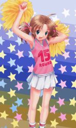 Rule 34 | 00s, 1girl, :d, armpits, bare arms, bare shoulders, blue eyes, blush, brown hair, cheerleader, goto p, hair ribbon, haruno sakura (wandaba style), holding hands, kneehighs, long hair, looking down, miniskirt, open mouth, parted bangs, pink ribbon, pleated skirt, pom pom (cheerleading), ribbon, skirt, sleeveless, smile, socks, solo, standing, star (symbol), starry background, tareme, twintails, wandaba style, white skirt, white socks