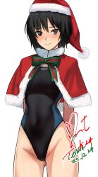 Rule 34 | 1girl, amagami, arms behind back, black hair, black one-piece swimsuit, blue one-piece swimsuit, blush, bow, bowtie, breasts, brown eyes, capelet, closed mouth, commentary request, competition swimsuit, covered navel, cowboy shot, dated, fur-trimmed capelet, fur trim, gluteal fold, green bow, green bowtie, groin, hat, highleg, highleg swimsuit, highres, looking at viewer, medium breasts, nanasaki ai, one-piece swimsuit, red capelet, red hat, santa hat, short hair, signature, simple background, smile, solo, swimsuit, two-tone swimsuit, white background, yoo tenchi