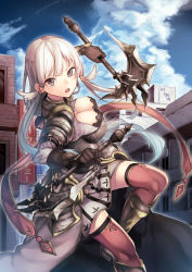 Rule 34 | 1girl, armor, axe, bad id, bad pixiv id, blush, breasts, cleavage, grey eyes, highres, holding, holding axe, holding weapon, large breasts, long hair, looking at viewer, official art, original, parted lips, red thighhighs, saraki, solo, thighhighs, weapon, white hair