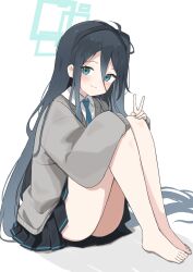 Rule 34 | 1girl, absurdly long hair, aqua halo, aris (blue archive), ass, barefoot, black hair, black skirt, blue archive, blue eyes, blue necktie, blush, cardigan, closed mouth, collared shirt, green halo, grey cardigan, halo, highres, long hair, long sleeves, looking at viewer, necktie, pleated skirt, shirt, simple background, skirt, smile, solo, toes, v, very long hair, white background, white shirt, yoimura