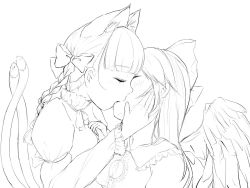 Rule 34 | 2girls, animal ear fluff, animal ears, blunt bangs, bow, braid, breasts, cat ears, cat tail, closed eyes, extra ears, feathered wings, french kiss, frilled shirt collar, frills, from side, greyscale, hair bow, hand on another&#039;s chest, hand on another&#039;s face, head tilt, kaenbyou rin, kiss, lineart, long hair, long sleeves, meropantsu, monochrome, multiple girls, neck ribbon, nekomata, profile, reiuji utsuho, ribbon, simple background, small breasts, tail, touhou, twin braids, twintails, unfinished, upper body, white background, wings, yuri