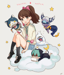 Rule 34 | 10s, 1boy, 2girls, bad id, bad pixiv id, blue lips, blush, brown eyes, brown hair, cat, cloud, colored skin, copyright name, crescent moon, cup, cyclops, closed eyes, fuumin (youkai watch), ghost, green hair, handheld game console, high ponytail, jetpack, kippu, kodama fumika, long hair, looking at viewer, lying, moon, mug, multiple girls, multiple tails, nintendo 3ds, notched ear, on stomach, one-eyed, open mouth, pendant watch, purple skin, rivets, robonyan, robot, shorts, simple background, sitting, star (symbol), tail, tetsuya (youkai watch), two tails, watch, whisper (youkai watch), yellow eyes, traditional youkai, youkai watch, youkai watch (object)