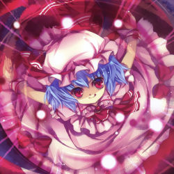 Rule 34 | 1girl, ascot, bat wings, blue hair, bow, bullet, capura lin, danmaku, hat, hat bow, highres, looking at viewer, mob cap, outstretched arms, puffy sleeves, red eyes, remilia scarlet, scan, shirt, short hair, short sleeves, skirt, skirt set, smile, solo, tongue, tongue out, touhou, vest, wings, wrist cuffs