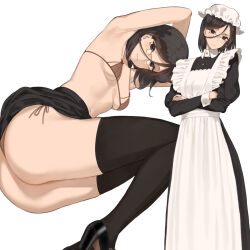 Rule 34 | 1girl, apron, armpits, ass, bikini, black eyes, black hair, black thighhighs, breasts, clothes lift, crossed arms, expressionless, glasses, hair between eyes, head tilt, high heels, highres, legs together, looking at viewer, maid, medium breasts, medium hair, nora (throtem), original, puffy sleeves, simple background, skirt, skirt lift, smile, swimsuit, thighhighs, throtem, underboob, white background