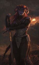 Rule 34 | 1girl, absurdres, armor, black pants, demon girl, glowing runes, grey sky, highres, holding, holding sword, holding weapon, horns, long hair, looking at viewer, original, outdoors, pants, pointy ears, red hair, runes, runes on sword, sky, solo, sun, sword, toivarg, weapon, yellow eyes