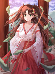 Rule 34 | 1girl, absurdres, alternate costume, bell, black ribbon, blush, bow, breasts, broom, brown hair, cleavage, cloud, cloudy sky, collarbone, cowboy shot, day, fate/stay night, fate (series), hair bell, hair ornament, hair ribbon, hakama, hakama skirt, highres, holding, holding broom, japanese clothes, jingle bell, kimono, leaf, long hair, long sleeves, looking at viewer, medium breasts, miko, open mouth, outdoors, parted bangs, pillar, red bow, red hakama, red ribbon, ribbon, ribbon-trimmed sleeves, ribbon trim, skirt, sky, smile, solo, standing, tohsaka rin, two side up, white kimono, wide sleeves, yagyun