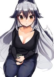 Rule 34 | 1girl, alternate costume, animal ears, black shirt, blush, casual, collarbone, commentary request, cup, denim, fox ears, fox girl, fox tail, from above, grey hair, highres, jeans, kemono friends, komiojisan, long hair, long sleeves, looking at viewer, multicolored hair, orange eyes, pants, seiza, shirt, silver fox (kemono friends), sitting, solo, t-shirt, tail, teacup