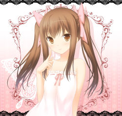 Rule 34 | 1girl, 47agdragon, :3, anniversary, bare shoulders, blush, bow, brown eyes, brown hair, collarbone, dress, finger to face, hair bow, highres, hiiragi yuka (niconico), indie utaite, long hair, looking at viewer, niconico, original, ribbon, smile, solo, sundress, twintails, upper body, white dress