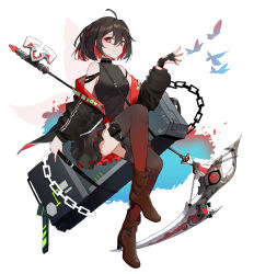 Rule 34 | 1girl, absurdres, ahoge, black dress, black gloves, black jacket, bob cut, boots, bug, butterfly, cadual, closed mouth, dress, fingerless gloves, full body, gloves, highres, honkai (series), honkai impact 3rd, insect, jacket, long sleeves, looking at viewer, red eyes, red footwear, red hair, red legwear, scythe, seele (alter ego), seele vollerei, short hair, simple background, single glove, smile, solo, weapon, white background, yukizawa xueze