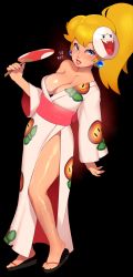 Rule 34 | 1girl, absurdres, bare legs, blonde hair, blue eyes, blush, boo (mario), breasts, cleavage, combos &amp; doodles, english text, fanning self, fire flower, full body, hand fan, high ponytail, highres, japanese clothes, kimono, light blush, looking at viewer, mario (series), mask, mask on head, medium breasts, nintendo, no bra, no socks, off-shoulder yukata, off shoulder, parted lips, princess peach, sandals, solo, standing, super mario odyssey, sweat, yukata
