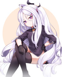 Rule 34 | 1girl, absurdres, ahoge, black gloves, black thighhighs, blue archive, bow, china dress, chinese clothes, closed mouth, crossed legs, dress, gloves, hair between eyes, hair ornament, hairclip, hand on own knee, highres, hina (blue archive), knee up, long hair, long sleeves, looking at viewer, m.tokotsu, no shoes, pelvic curtain, purple eyes, sitting, solo, thighhighs, thighhighs pull, twintails, very long hair, white hair