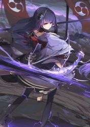 Rule 34 | 1girl, absurdres, banner, braid, breasts, closed mouth, electricity, flower, from behind, genshin impact, hair ornament, highres, holding, holding sword, holding weapon, huge filesize, japanese clothes, katana, kimono, long hair, long sleeves, looking at viewer, mole, mole under eye, purple eyes, purple flower, purple hair, raiden shogun, sakura no tsui dance, slashing, solo, sword, thighhighs, weapon, wide sleeves