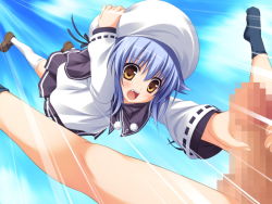 Rule 34 | 1boy, 1girl, 2-g, :o, black skirt, black thighhighs, blue background, blue hair, censored, game cg, grabbing, hat, kogara yukino, loafers, long hair, long sleeves, lucky bird, mosaic censoring, motion lines, open mouth, penis, penis grab, pleated skirt, school uniform, shoes, simple background, skirt, socks, softhouse-seal, solo focus, thighhighs, white headwear, white thighhighs, yellow eyes