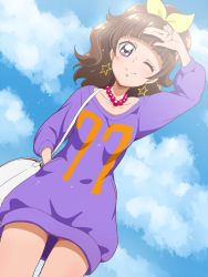 Rule 34 | 1girl, ;), alternate hairstyle, amanogawa kirara, cloud, day, earrings, go! princess precure, hand in pocket, jewelry, looking at viewer, necklace, one eye closed, ponytail, precure, purple eyes, purple shirt, shirt, sky, smile, solo, star (symbol), star earrings, tj-type1