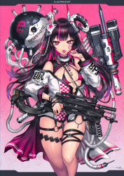 Rule 34 | + +, 1girl, ammunition, ammunition belt, bikini, black hair, breasts, candy, chest tattoo, facial mark, food, gia, gluteal fold, gradient background, gun, headgear, highres, lollipop, long hair, looking at viewer, multicolored hair, off-shoulder jacket, off shoulder, open mouth, original, pink background, red eyes, small breasts, solo, streaked hair, suppressor, swimsuit, tattoo, thigh strap, weapon