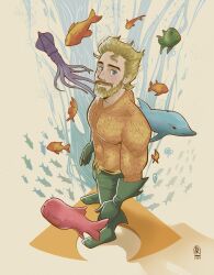 Rule 34 | 1boy, aquaman (dc), aquaman (series), bara, beard, blonde hair, connected beard, dc comics, facial hair, fish, from above, from side, full beard, gloves, highres, looking at viewer, male focus, mature male, muscular, muscular male, octopus, renan ilustra, short hair, smile, solo, standing, superhero costume, thick beard, thick eyebrows, thick mustache