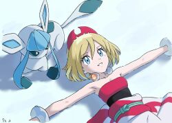 Rule 34 | 1girl, blonde hair, blue eyes, bracelet, commentary request, creatures (company), dated, day, eyelashes, from above, game freak, gen 4 pokemon, glaceon, hairband, highres, ia (ilwmael9), irida (pokemon), jewelry, lying, nintendo, on back, outdoors, outstretched arms, parted lips, pokemon, pokemon (creature), pokemon legends: arceus, sash, shirt, short hair, shorts, smile, snow, strapless, strapless shirt, white shorts