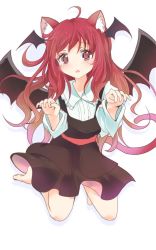 Rule 34 | 1girl, ahoge, animal ears, barefoot, bat wings, cat ears, cat tail, eyelashes, full body, head wings, heart, heart-shaped pupils, jpeg artifacts, kemonomimi mode, koakuma, long hair, long sleeves, looking at viewer, mickeysmith, red hair, simple background, solo, symbol-shaped pupils, tail, touhou, white background, wings