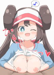Rule 34 | 1girl, azudai, blue eyes, breasts, bright pupils, brown hair, creatures (company), cum, cum on body, cum on breasts, cum on upper body, double bun, ejaculation, game freak, hair bun, hat, highres, large breasts, long hair, looking at viewer, musical note, nintendo, nipples, one eye closed, open mouth, oppai loli, paizuri, pokemon, pokemon bw2, pov, pov crotch, raglan sleeves, rosa (pokemon), simple background, smile, spoken musical note, twintails, upper body, visor cap, white background