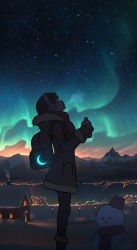 Rule 34 | 1girl, absurdres, aurora, backpack, bag, black hair, cabin, can, city lights, coat, commentary, earmuffs, english commentary, glowing, head back, highres, holding, holding can, lamppost, landscape, meteor, mittens, mountain, night, night sky, original, outdoors, pasoputi, scarf, scenery, sky, snow, snowman, solo, star (sky), star (symbol), starry sky, sunset, winter clothes, winter coat
