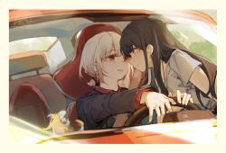 Rule 34 | 2girls, absurdres, black hair, car interior, day, driving, earrings, eye contact, hand on another&#039;s face, highres, inoue takina, jewelry, long hair, looking at another, lycoris recoil, moyu marginal, multiple girls, nishikigi chisato, open mouth, orange eyes, outdoors, purple eyes, shirt, short hair, steering wheel, sunlight, t-shirt, white hair, yuri