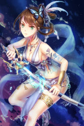 Rule 34 | 1girl, absurdres, breasts, brown hair, butterfly hair ornament, cleavage, collarbone, earrings, feather hair ornament, feathers, green eyes, hair ornament, high heels, highres, holding, holding sheath, holding sword, holding weapon, jewelry, long hair, medium breasts, mikuni romance, necklace, sangoku romance, sash, see-through, sheath, sideboob, solo, sword, tattoo, thighlet, unsheathing, weapon, white feathers