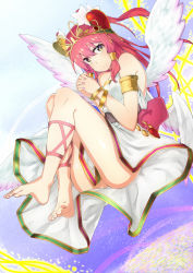 Rule 34 | 1girl, ankle lace-up, armlet, bad id, bad pixiv id, bare shoulders, barefoot, bracelet, cross-laced footwear, feet, own hands clasped, hati105, headdress, heart, heart-shaped pupils, highres, jewelry, long hair, looking at viewer, lots of jewelry, nail polish, own hands together, pink hair, puzzle &amp; dragons, smile, solo, symbol-shaped pupils, venus (p&amp;d), wings, yellow eyes